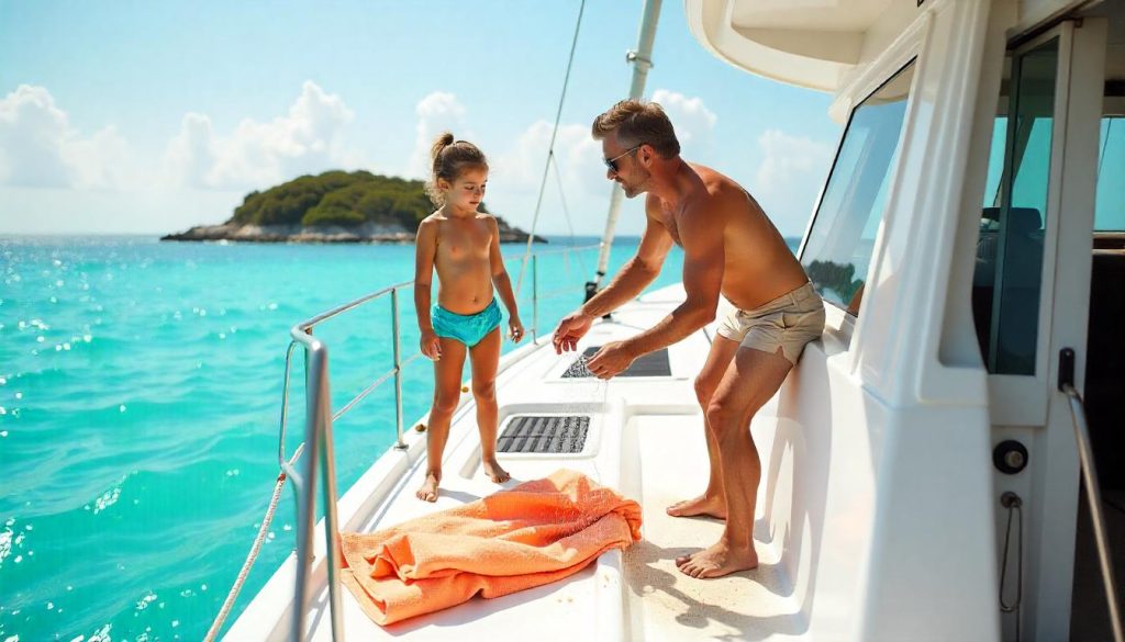 Сім'я на катамарані за порадами щодо етикету яхтового чартеру на Багамах 2025.